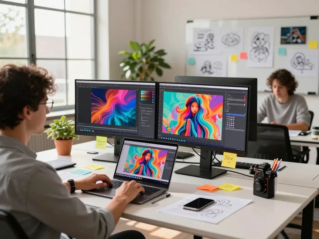 Creative workspace showcasing a designer using the Nano Banana 2 image editor on a laptop surrounded by vibrant AI-generated artwork.