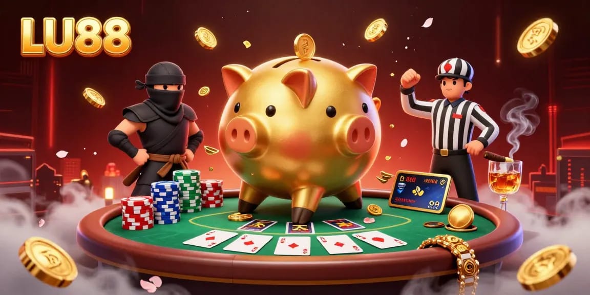 LU88 illustrates a dynamic casino scene featuring a piggy bank sumo wrestler, wallet ninja, and credit-card samurai amidst vibrant poker elements.