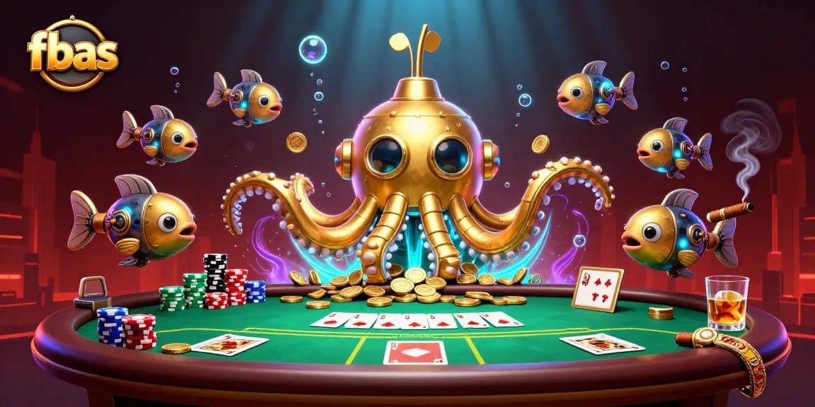 Engage with fbas at a vibrant poker scene featuring a golden kraken submarine amidst coins and chips.