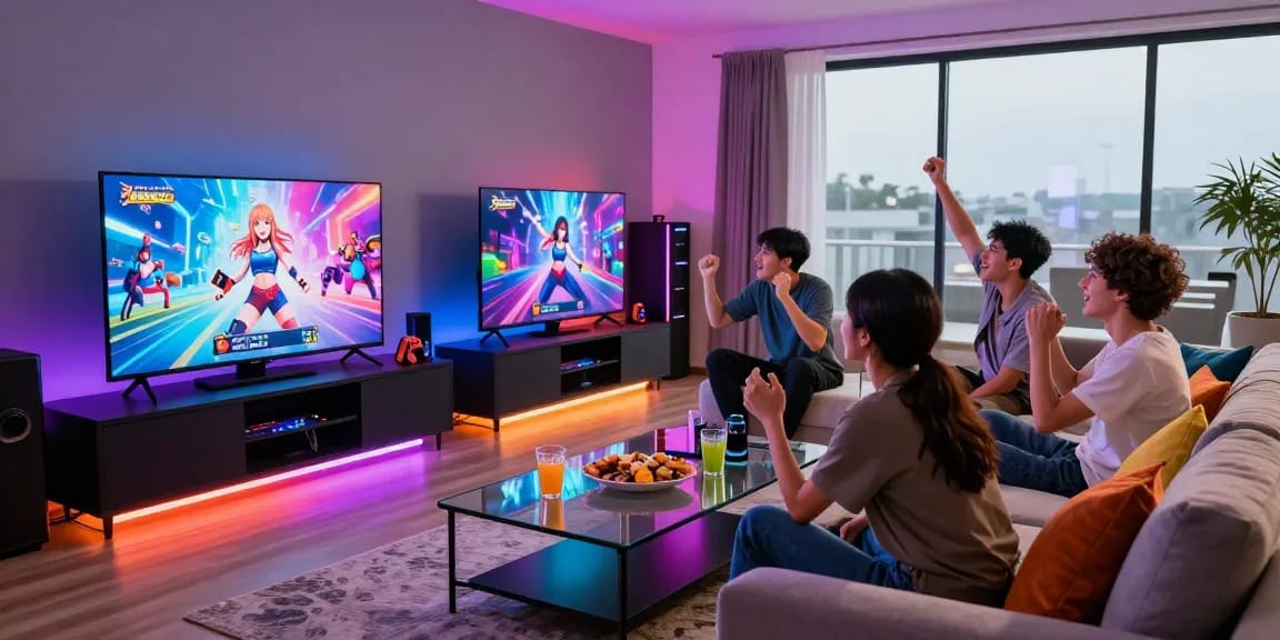 Friends enjoying a multiplayer session of a hentai game in a vibrant gaming lounge.