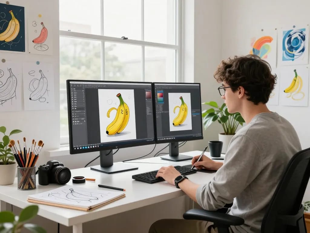 Designer utilizing the nano banana AI image editor in a vibrant digital workspace, surrounded by sketches and inspiration.