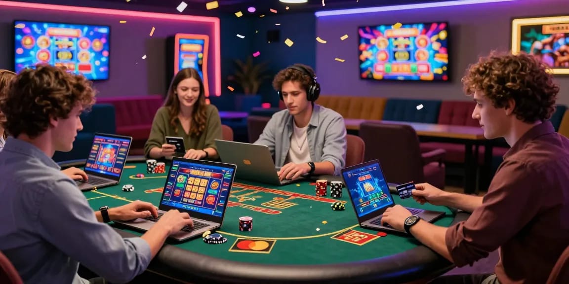 Engaging scene of players at casinos that accept credit cards, enjoying diverse games with vibrant graphics and dynamic animations.