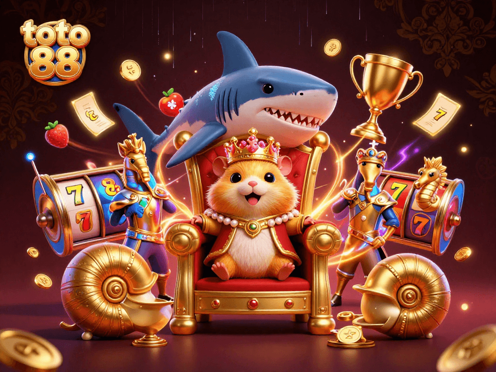 Engage in thrilling toto 88 gameplay with a golden hamster king and slot elements in a vibrant casino scene.