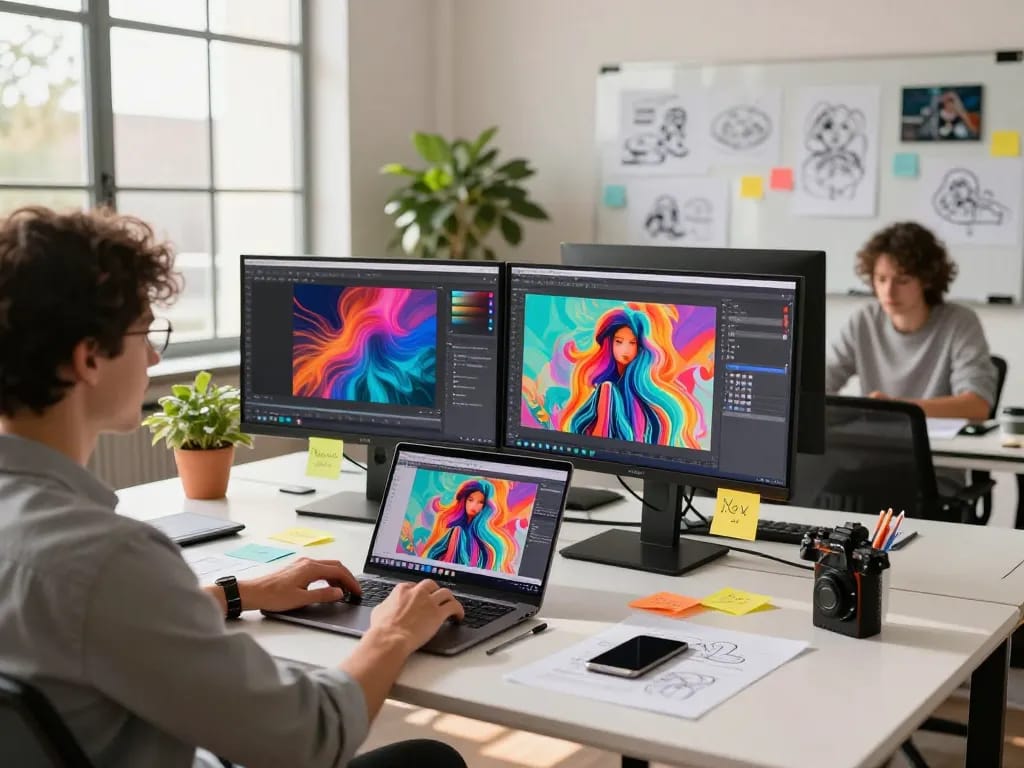 Creative workspace showcasing a designer using the Nano Banana 2 image editor on a laptop surrounded by vibrant AI-generated artwork.