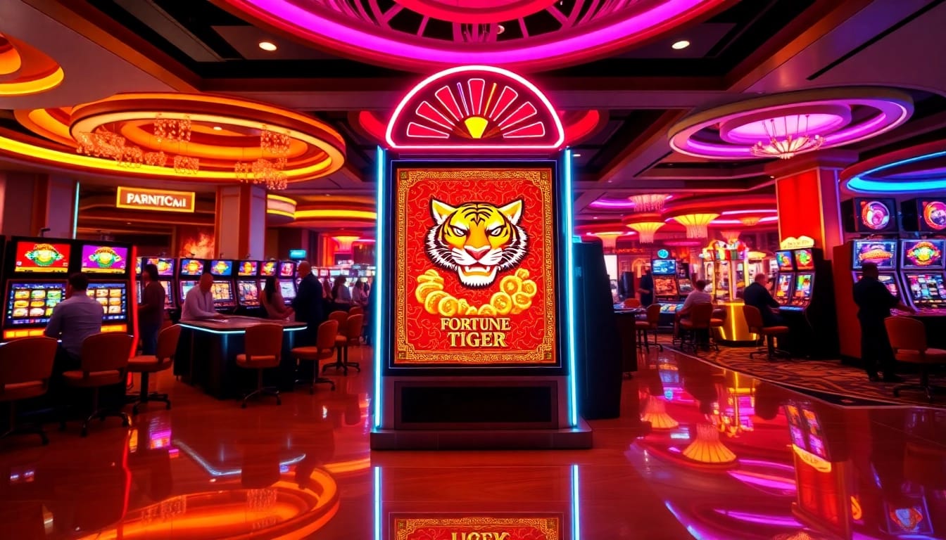 Engaging players enjoying สล็อต Fortune Tiger slot machine in a vibrant casino setting.