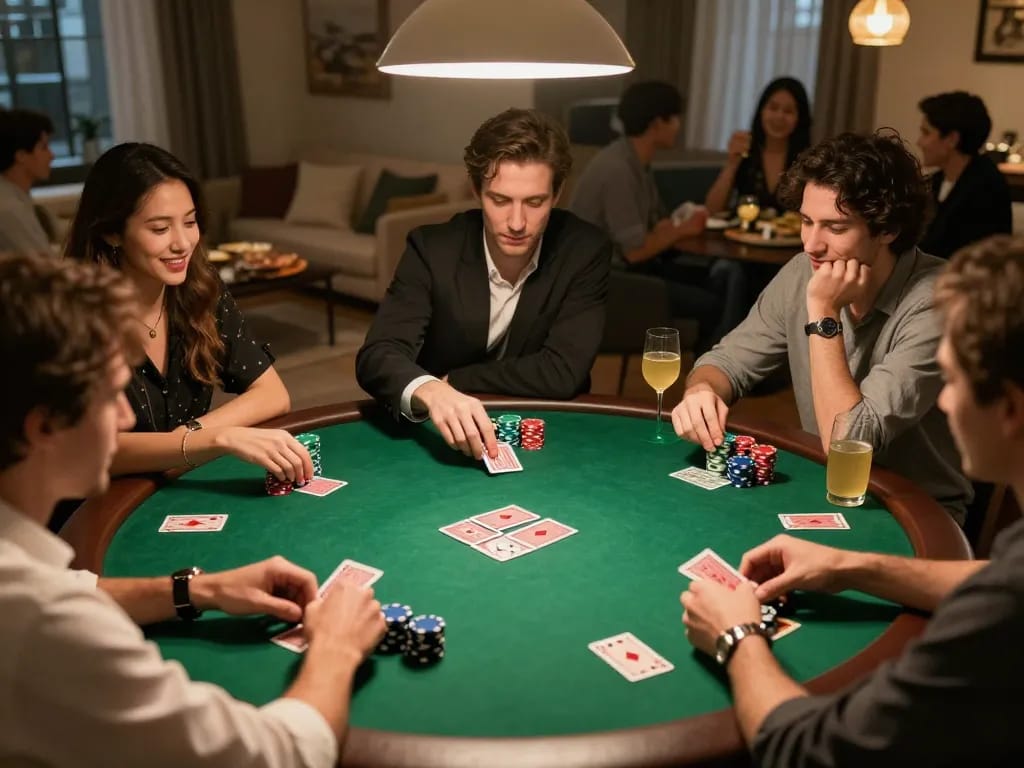 Engaged players strategizing their โป๊กเกอร์ hands during a friendly home game night.