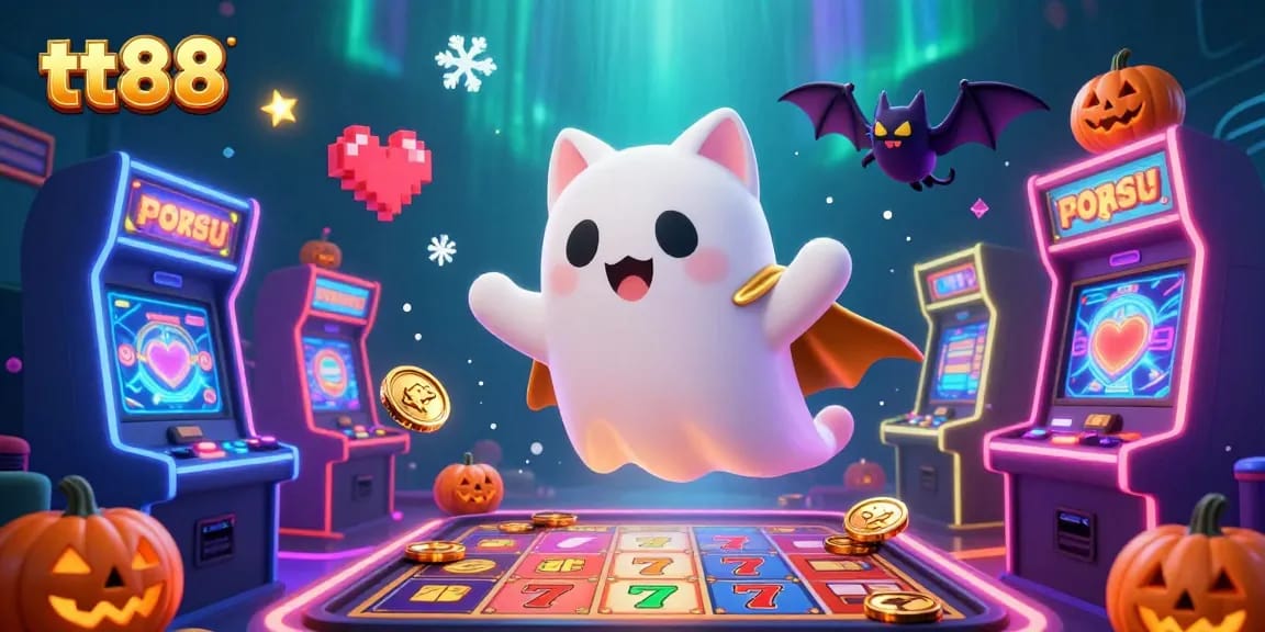 Experience the excitement of tt88 in this vibrant casino scene featuring a ghost cat and glowing elements.