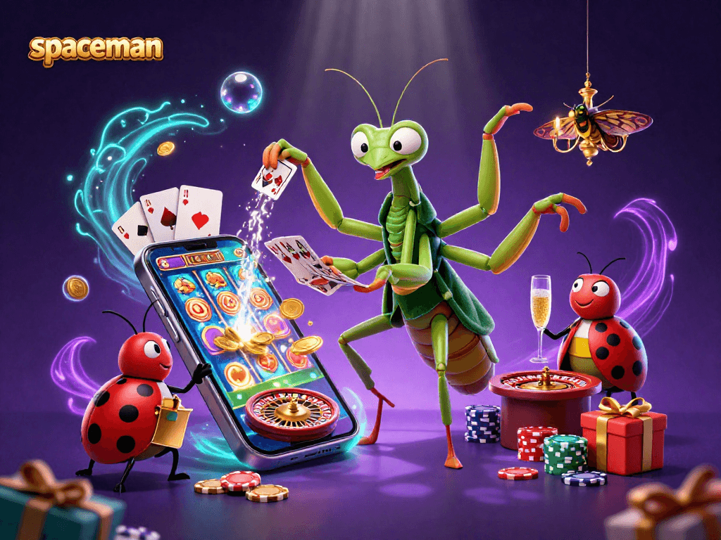 Spaceman themed casino illustration showcasing vibrant gaming elements and characters in action.