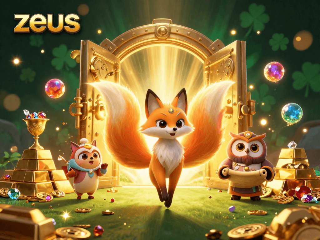 Experience mystical wins with zeus in this 3D illustration of a vibrant gambling scene featuring magical creatures and treasures.