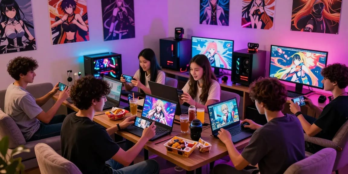 Group enjoying hentai game gameplay in vibrant gaming setup surrounded by anime memorabilia