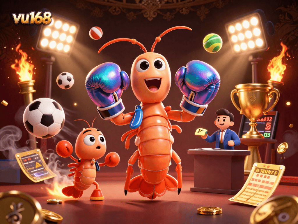 Vu168 showcases a vibrant 3D scene featuring dynamic sports-themed elements with a mantis shrimp and friends.