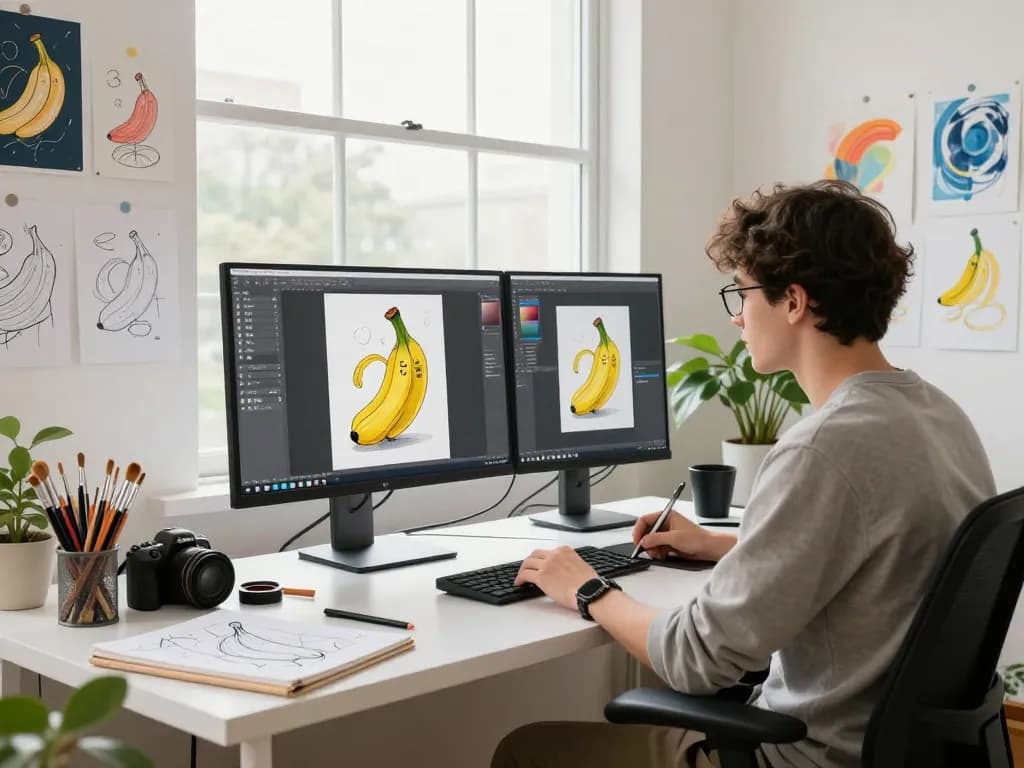 Designer utilizing the nano banana AI image editor in a vibrant digital workspace, surrounded by sketches and inspiration.