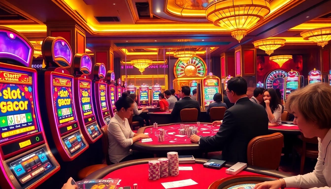 Experience the excitement of slot gacor with vibrant machines and engaged players in a luxurious casino setting.