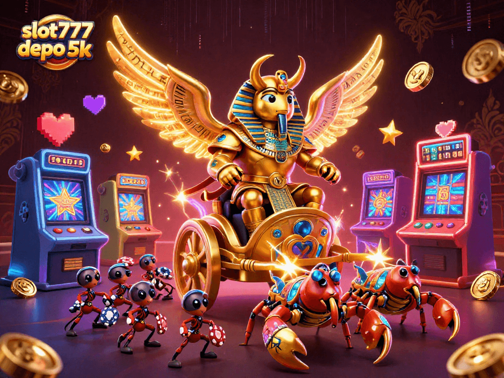 Engage in thrilling gameplay at slot777 depo 5k with colorful slot machines and 3D characters.