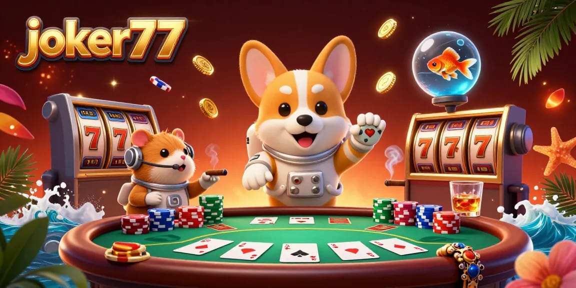 Win big with joker77 in this vibrant space casino scene featuring a playful astronaut corgi.