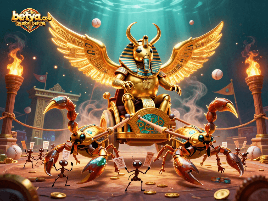 Bet on thrilling action with betya.com baseball betting featuring a colossal scarab in a dynamic arena.