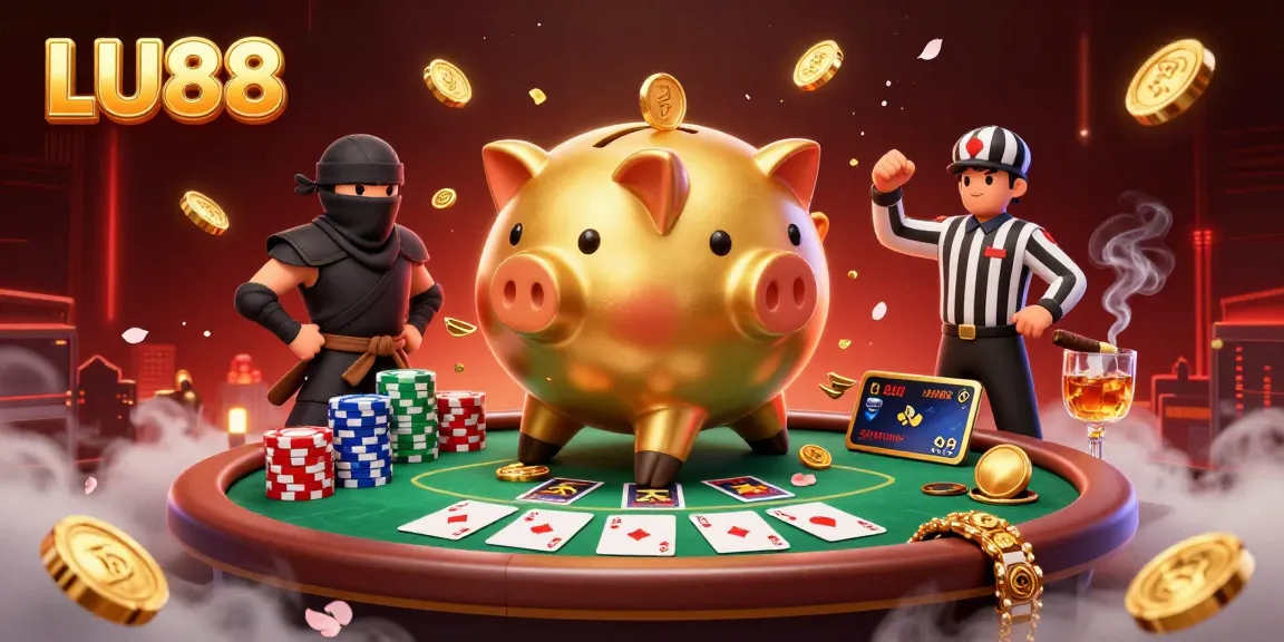 LU88 illustrates a dynamic casino scene featuring a piggy bank sumo wrestler, wallet ninja, and credit-card samurai amidst vibrant poker elements.