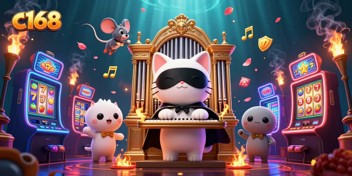 Experience thrilling spins in c168's vibrant casino scene filled with lively characters and colorful slot machines.