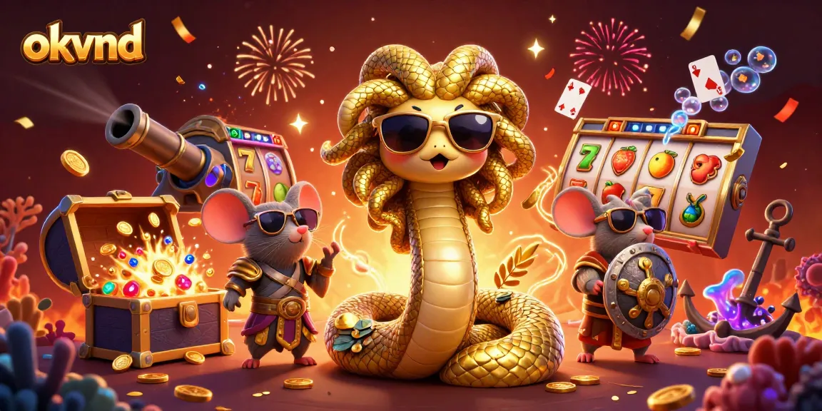 Join the fun with okvnd at a vibrant casino scene featuring lucky slots and festive characters.