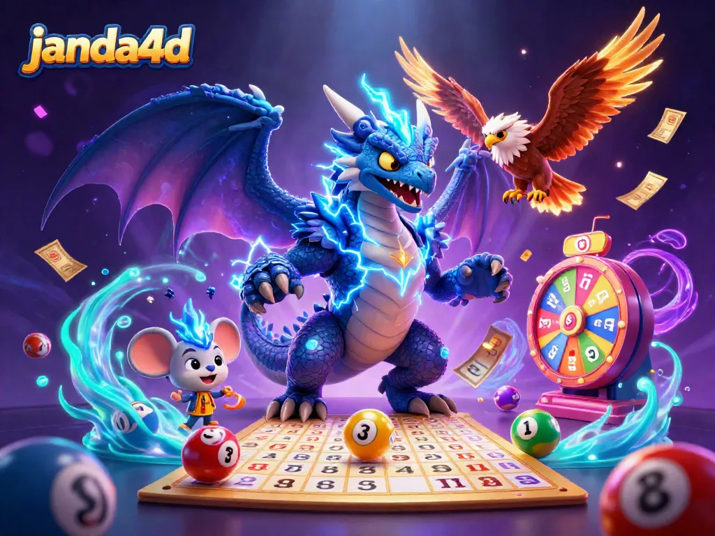 Janda4d menghadirkan suasana lotere yang menegangkan dengan karakter kartun dinamis dan elemen yang kaya dalam ilustrasi 3D.