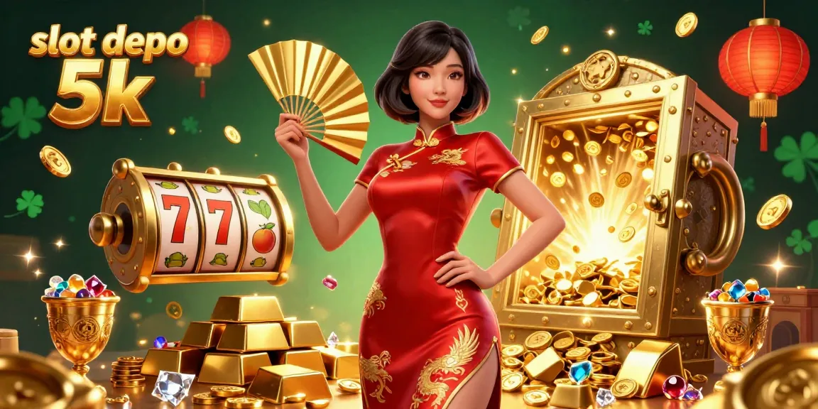 Spin the reels and win big with slot depo 5k, featuring an Asian woman in elegant qipao amidst golden coins.