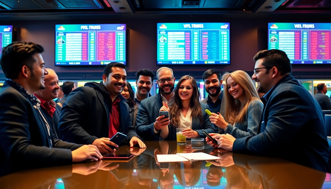 Engaged bettors enjoying online Betting experience in a vibrant sportsbook lounge.