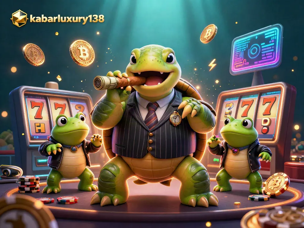 Engage in thrilling casino adventures with kabarluxury138, featuring a cartoon turtle mobster and frog enforcers.