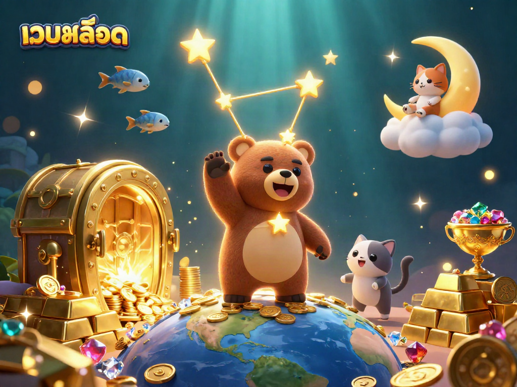 Engage with เว็บสล็อต in this vibrant scene filled with casino riches and cheerful characters.