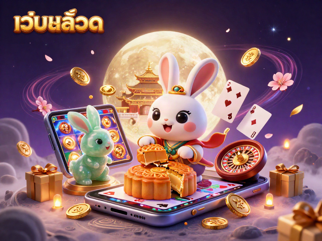 Engage with เว็บสล็อต by exploring the vibrant slot game scene featuring a moon rabbit and dynamic casino elements.