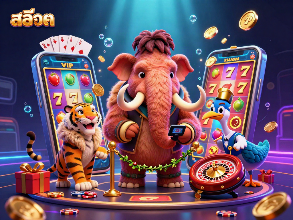 Engaging 3D scene showcasing a slot casino with a woolly mammoth bouncer, a tiger guest, and a dodo doorman.