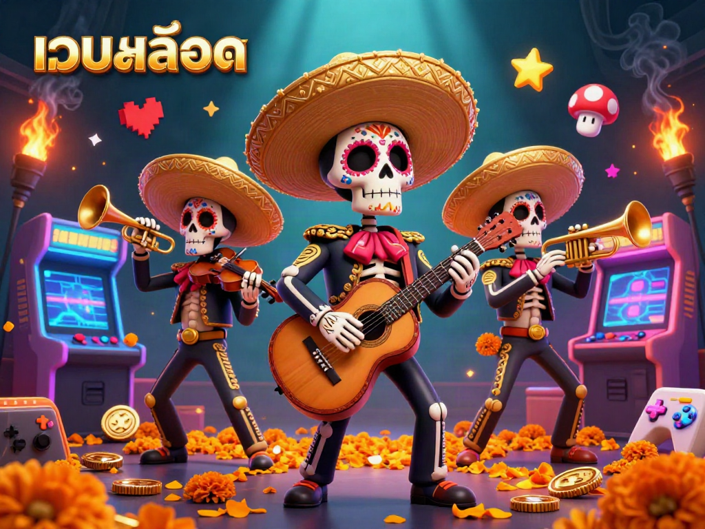 Enjoy an exciting เว็บสล็อต scene featuring vibrant skeleton mariachi musicians among casino-inspired elements.