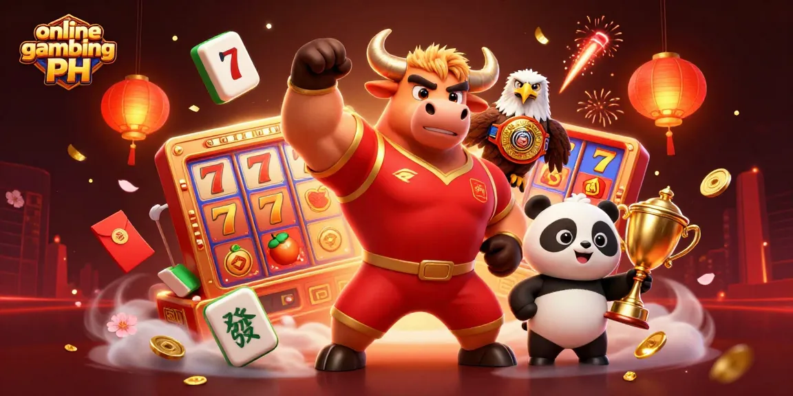 Engage with online gambling PH through exciting slot reels and festive symbols celebrating victory.