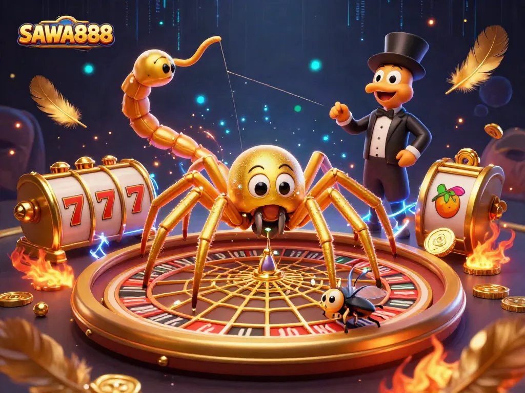 Engage with SAWA888 in a vibrant, immersive roulette-inspired online casino scene.