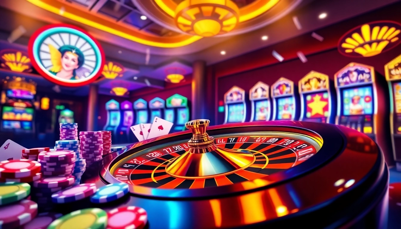 Engage with thrilling gameplay at https://luckywin.com.co/ with a vibrant casino scene filled with roulette wheels and cards.