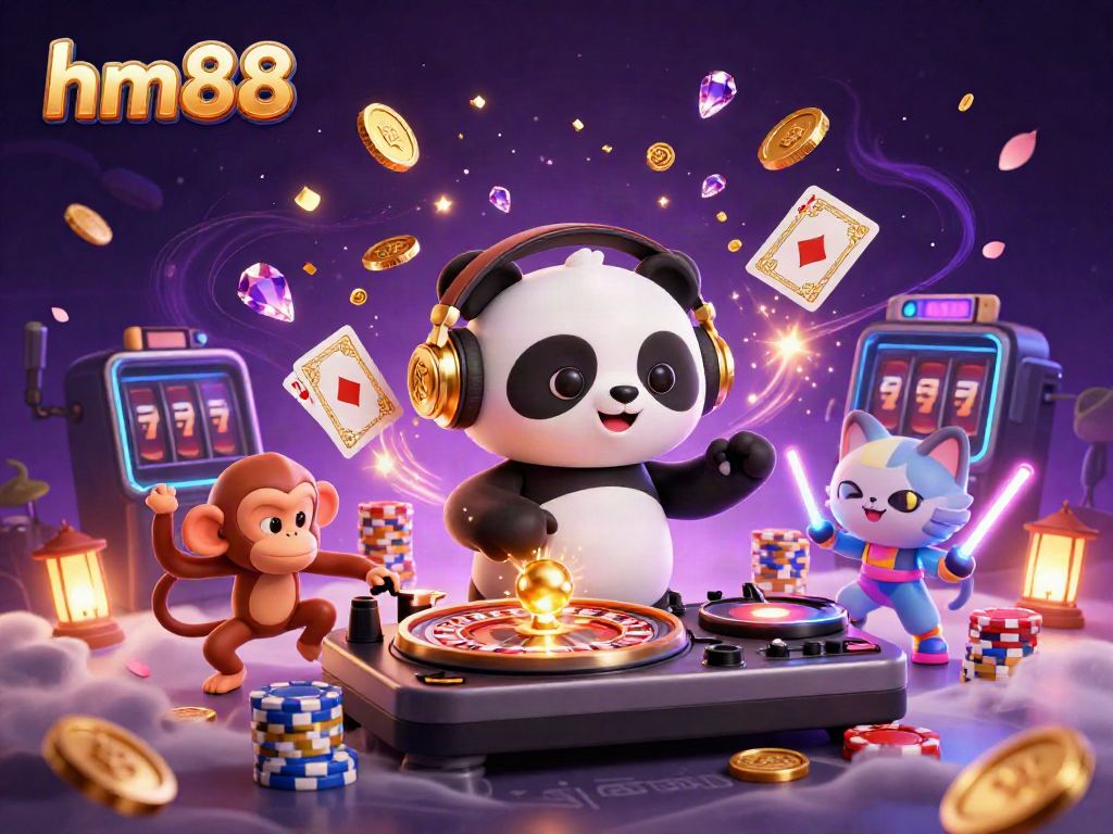 An ultra-detailed 3D cartoon showcase featuring hm88 with a DJ panda, breakdancing monkey, and glowing kitten amid dynamic casino elements.