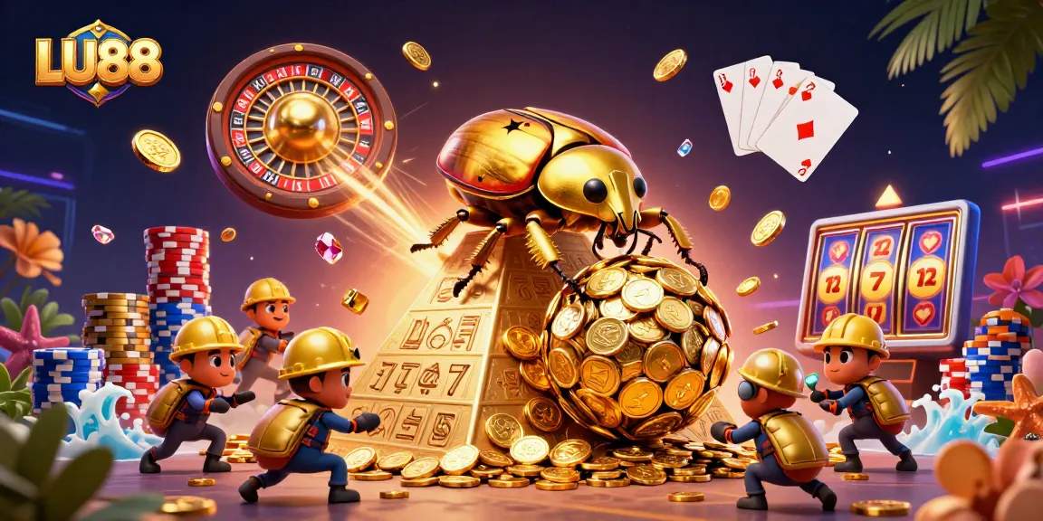 Engage in thrilling gaming with LU88's vibrant 3D casino scene, showcasing rich golden elements.
