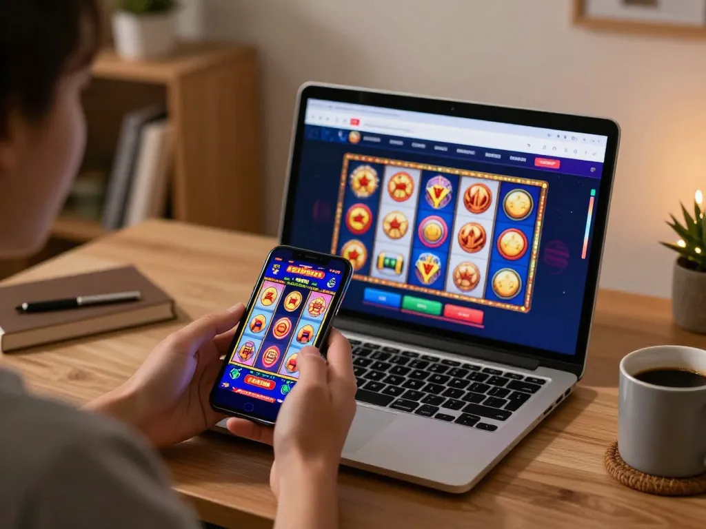 Playing slot games on a smartphone in a cozy home office, showcasing a colorful slot interface.