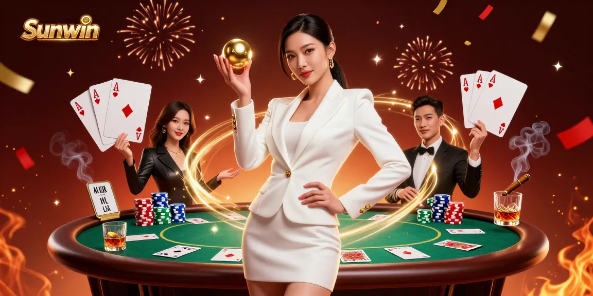 Sunwin promotes excitement with a confident woman holding a roulette ball amidst dynamic poker gameplay.
