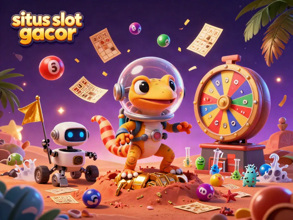 Gambarkan situs slot gacor dengan karakter lucu dan elemen kasino, menawarkan suasana yang meriah dan menarik.