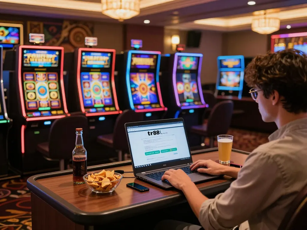 Player navigating the tr88 link on a laptop in a cozy home setting, engaging with vibrant online casino games