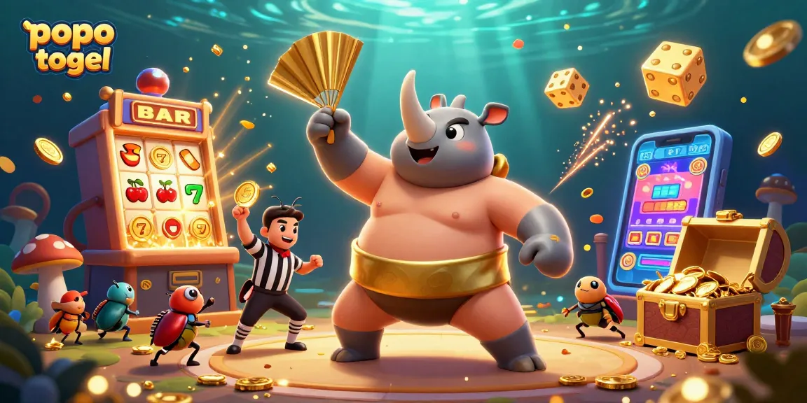 Experience popo togel action as the beetle champion stomps coins into the air amidst thrilling casino elements.