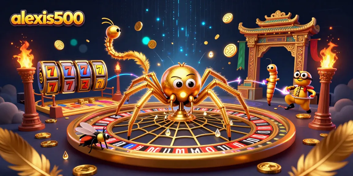 Place bets at alexis500's roulette wheel, featuring a golden spider and lively casino scene.