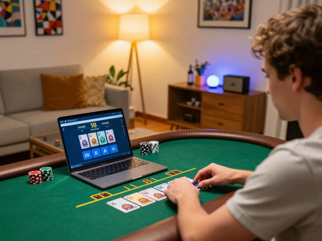 Engaging in online poker gameplay at home with 98win on a laptop, showcasing strategic focus and cozy atmosphere