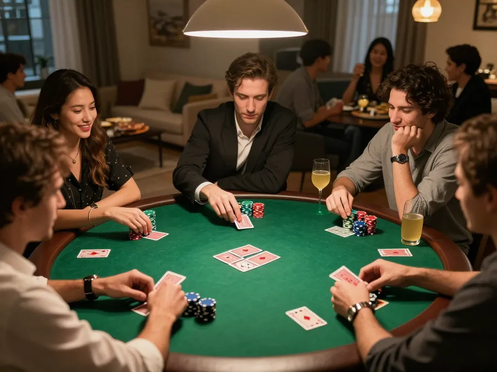 Engaged players strategizing their โป๊กเกอร์ hands during a friendly home game night.