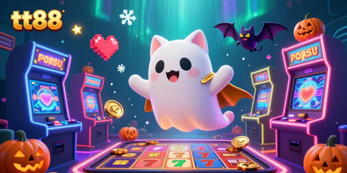 Experience the excitement of tt88 in this vibrant casino scene featuring a ghost cat and glowing elements.