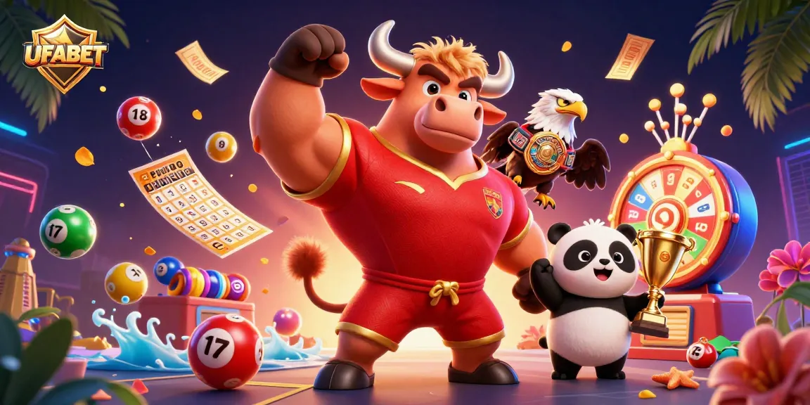 Bet on the vibrant world of UFABET with a cheerful panda and a victory-posing bull mascot!