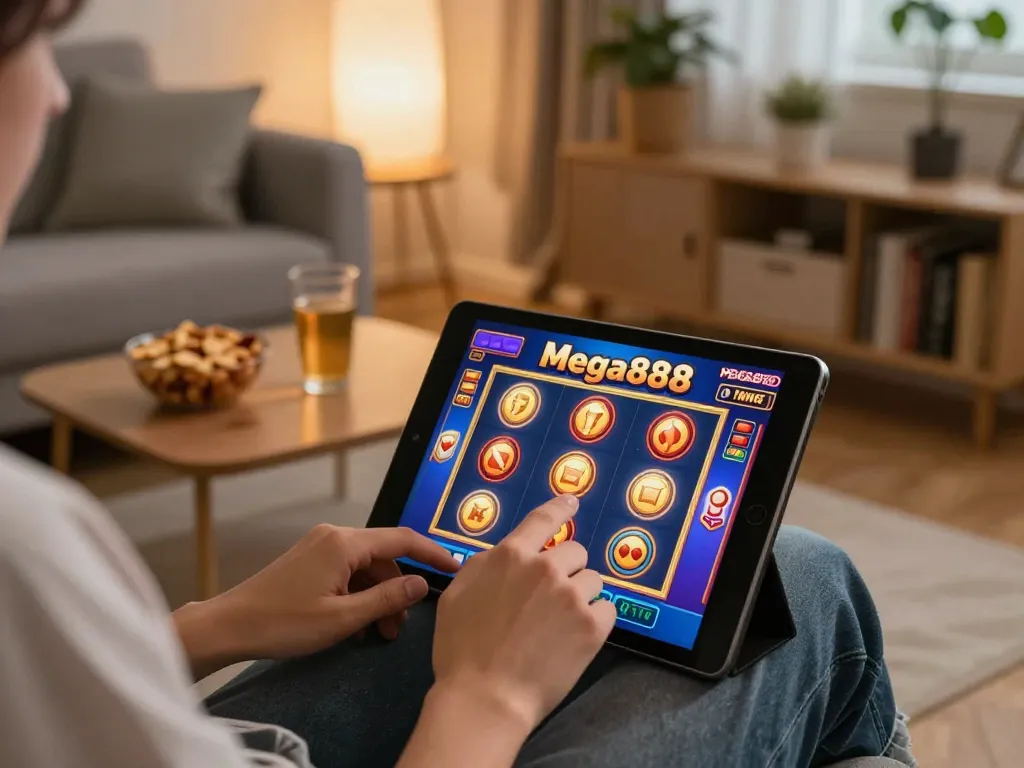 Player experiencing free credit mega888 on a tablet in a cozy living room setting.