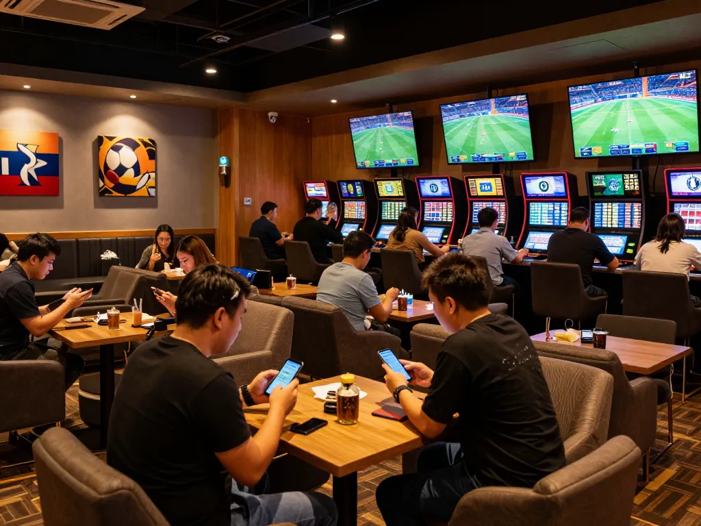 Soi kèo action in a lively sports betting lounge with patrons engaged in mobile betting.