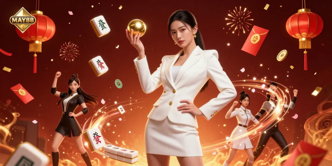MAY88 offers exhilarating experiences at the casino, showcasing a stunning Asian woman holding a roulette ball surrounded by vibrant gaming elements.