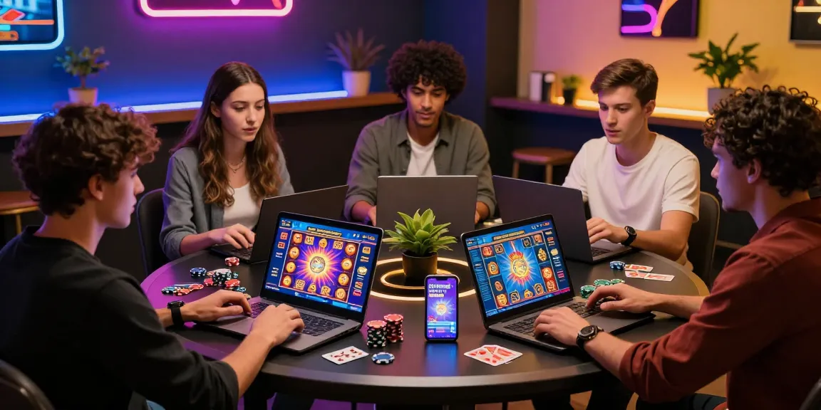 Players engaging with new online casinos on various devices, showcasing vibrant game graphics and modern layout in a lively atmosphere.